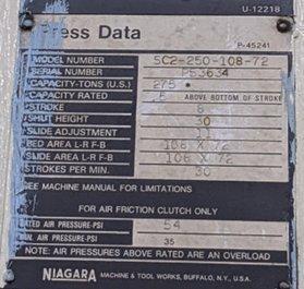 1991 NIAGARA SC2-250-108-72 Straight Side Mechanical Stamping Presses | Rygate LLC