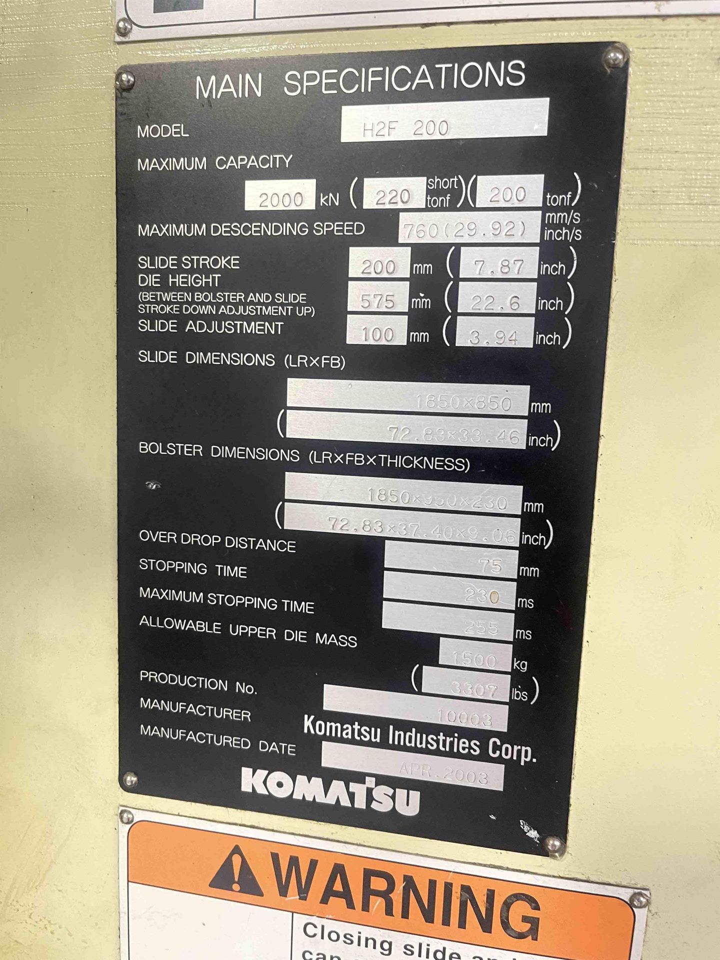 2003 KOMATSU H2F200 Straight Side Mechanical Stamping Presses | Rygate LLC