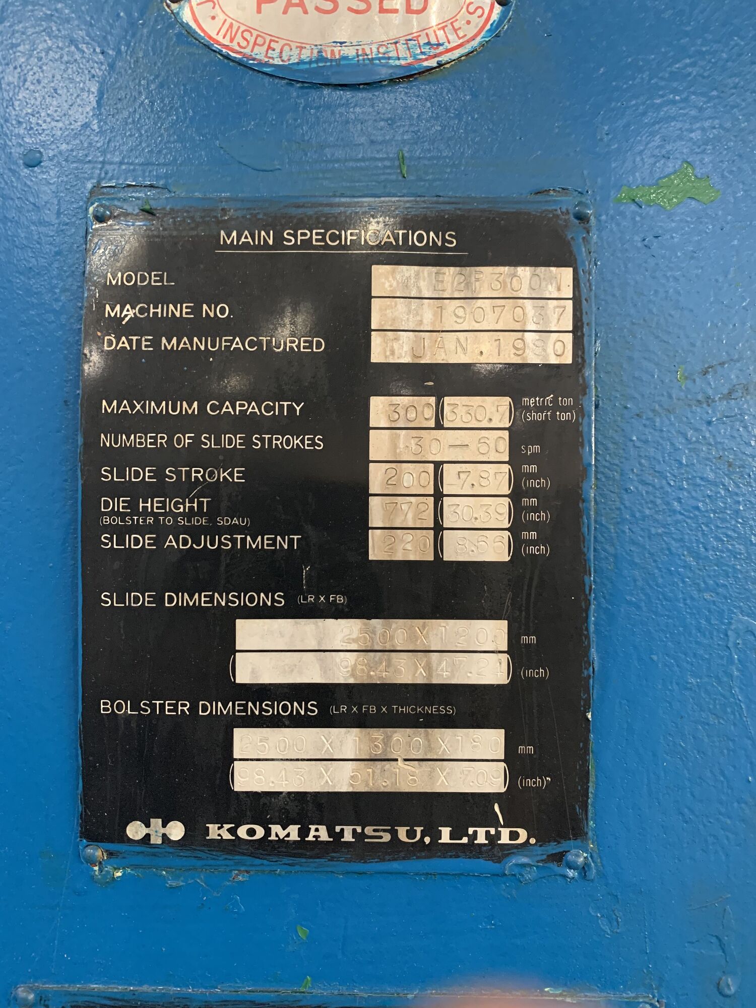 1980 KOMATSU E2P300W Straight Side Mechanical Stamping Presses | Rygate LLC