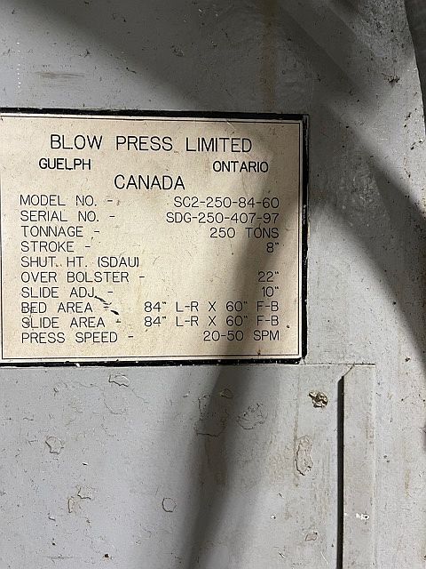 1997 BLOW SC2-250-84-60 Straight Side Mechanical Stamping Presses | Rygate LLC
