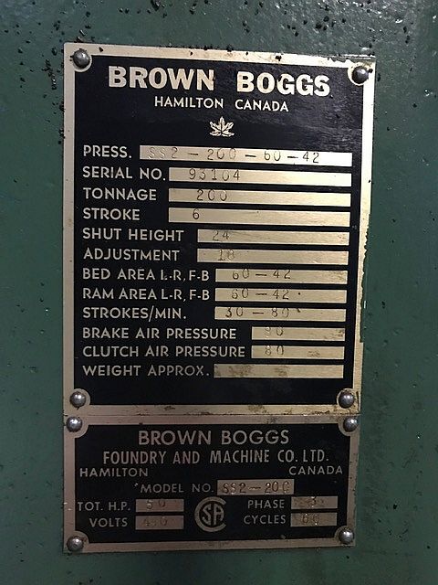 1993 BROWN & BOGGS SS2-200-60-42 Straight Side Mechanical Stamping Presses | Rygate LLC